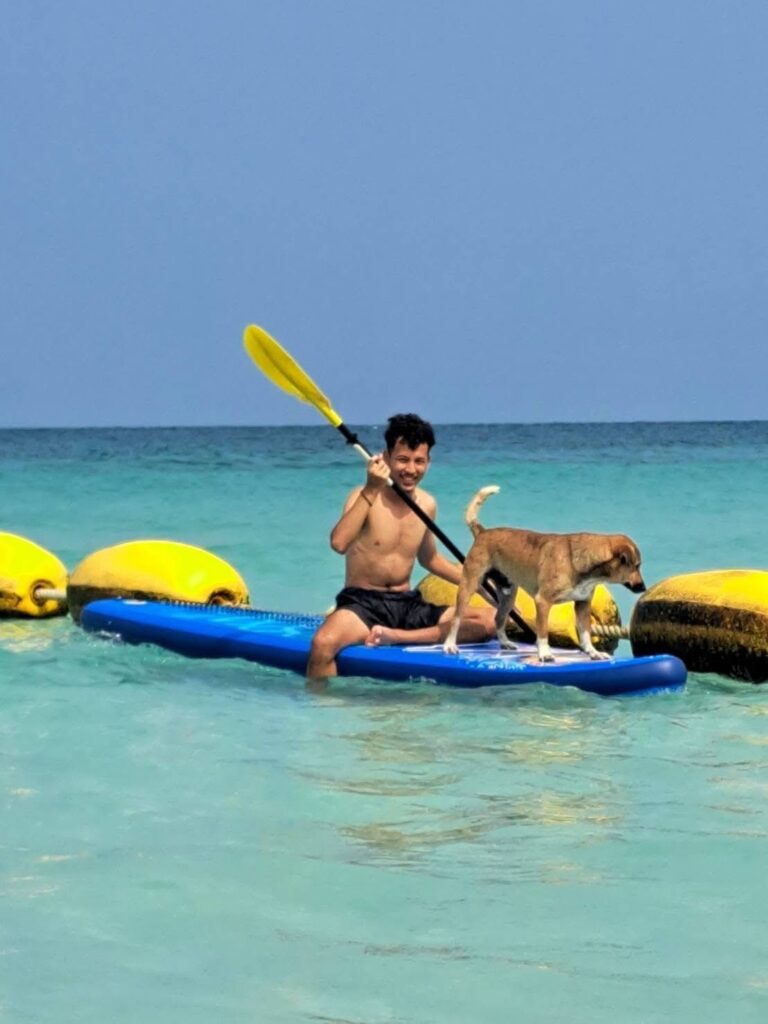 Lucas the volunteer and a rescue dog on a surfboard at Pattaya Beach in thailand