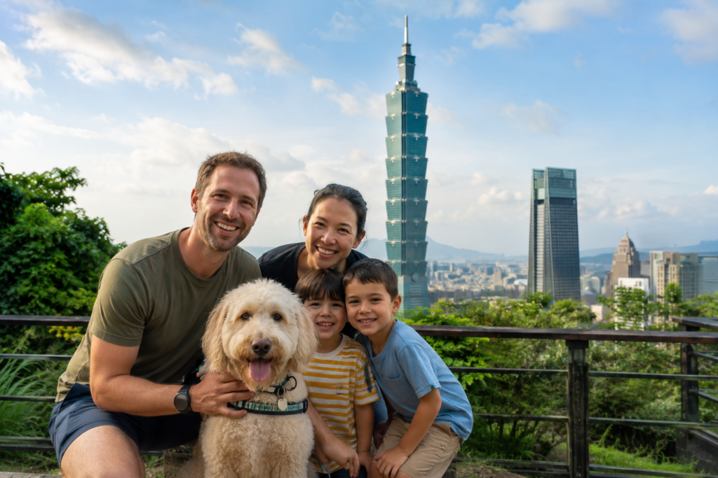A family with their dog relaxing together